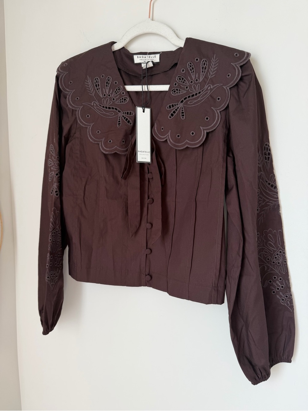 Dark brown Embroidered Scallop Collar long sleeve cotton Blouse